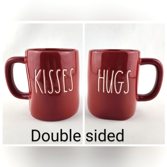 Rae Dunn Glossy Red Coffee Mug Double Sided KISSES HUGS White Large Letters - Picture 1 of 10